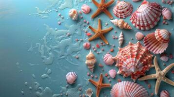 AI generated Sea Shells and Starfish on a Blue Background photo