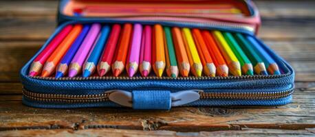 AI generated Blue Case With Colored Pencils on Wooden Table photo