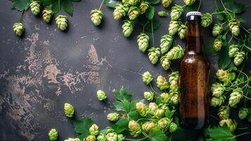 AI generated A cluster of hops next to a bottle of craft beer, brewer's choice photo