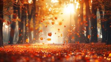 AI generated Autumn forest with floating leaves and soft sunlight, photo