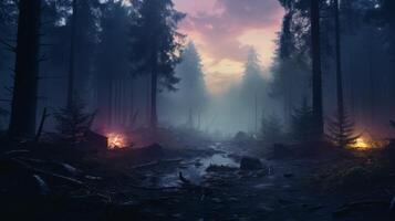 AI generated Misty forest at dawn, mysterious and ethereal background photo