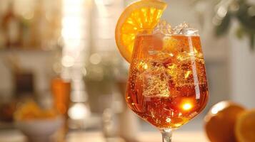 ai generado un refrescante aperol rociar con un naranja rebanada y burbujas foto