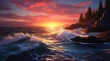 ai generado Oceano olas estrellarse en rocas a amanecer, verano tranquilidad foto