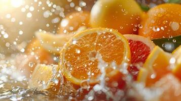 AI generated A burst of citrus fruits being squeezed, with droplets of juice splashing out photo