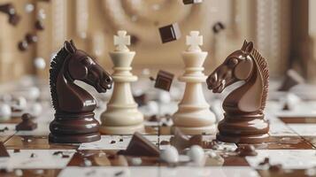 ai generado caprichoso 3d prestados escena de Leche y chocolate bloques jugando ajedrez foto