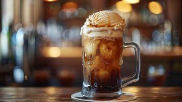 AI generated A frosty mug of root beer with ice cream floating on top photo