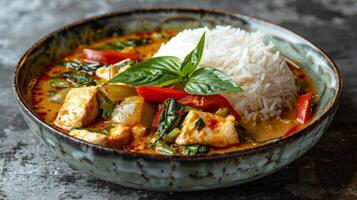 AI generated A bowl of spicy Thai green curry with jasmine rice photo