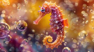 AI generated A seahorse swimming in an ocean of bubbly soda, photo