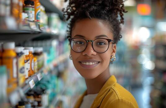 AI generated Woman Wearing Glasses in Front of Store Shelf photo