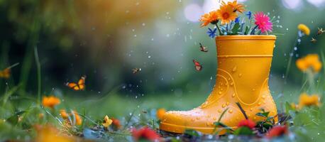 AI generated Yellow Rubber Boots Filled With Flowers photo