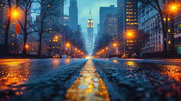 ai generado ciudad calle a noche con amarillo línea foto