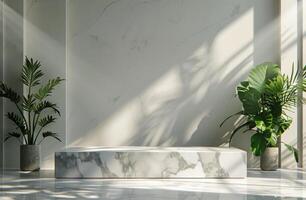 AI generated White Marble Bench Surrounded by Palm Trees photo