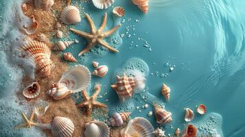 AI generated Seashells and Starfish on a Blue Background photo