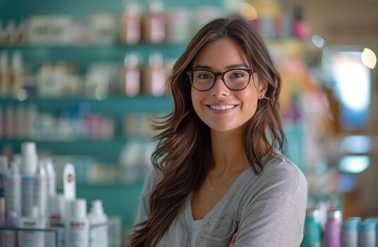 AI generated Woman Wearing Glasses in Front of Store Shelf photo