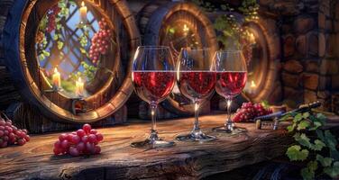 AI generated Three Glasses of Wine on Wooden Table photo