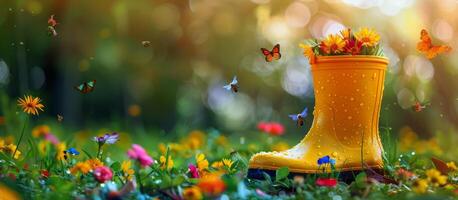 ai generado par de amarillo lluvia botas con flores foto