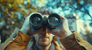AI generated Man Looking Through Binoculars at Camera photo
