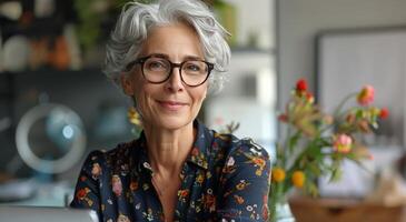 ai generado mujer con lentes utilizando ordenador portátil computadora foto