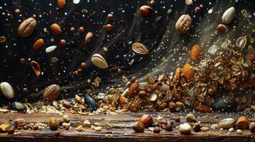 AI generated An assortment of nuts and seeds raining down onto a wooden surface photo