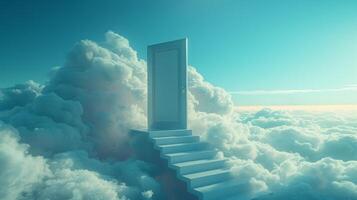 AI generated A staircase leading to a door in the sky, clouds around photo