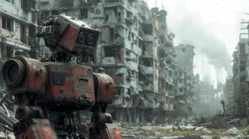 AI generated A robotic sentinel deactivated in a post-apocalyptic city, forgotten guard photo