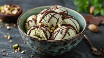 AI generated A bowl of pistachio ice cream with crushed nuts and chocolate drizzle photo