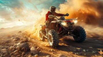 AI generated ATV overtaking on rugged terrain, motion blur effect with rear curtain sync, editorial image photo