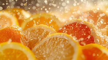 AI generated A burst of citrus fruits being squeezed, with droplets of juice splashing out photo