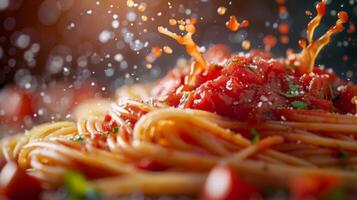 AI generated Tomato sauce splashing dynamically as it hits a bowl of pasta, captured in high detail photo