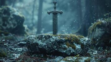 AI generated A cursed sword stuck in stone, waiting for the worthy photo