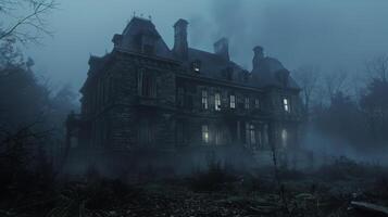 AI generated A dark, abandoned mansion enveloped in thick fog, with faint ghostly figures in the windows photo