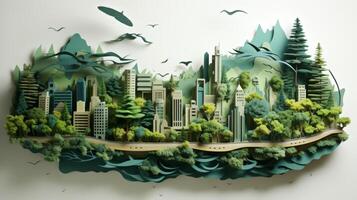 AI generated Realistic paper cut cityscape, green urban living, eco architecture photo