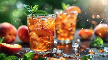 AI generated A refreshing glass of peach iced tea with mint leaves photo