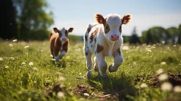 AI generated Young calves frolicking in a field, first steps of life photo