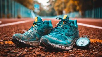 ai generado un par de corriendo Zapatos en un pista, con un cronógrafo y agua botella foto