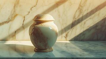 AI Generated Memorial cremation urn on marble against serene background photo