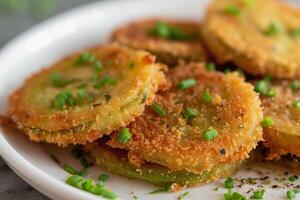 AI Generated Fried green tomatoes garnished with green onions, close up photo