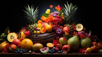 AI generated Exotic tropical fruits arranged artistically, vibrant freshness photo