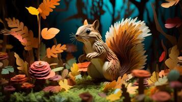 AI generated Paper cut chipmunk with acorns, bright and lively forest floor photo