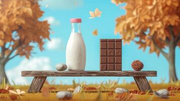 AI generated Cartoon-style milk bottle and chocolate bar enjoying a seesaw in a park photo