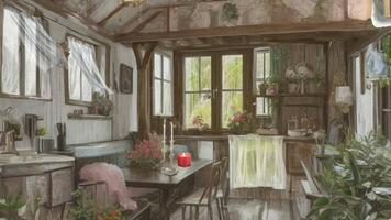 AI generated The interior of a cozy decorated small cottage in the woods with windows where we can see the rain video