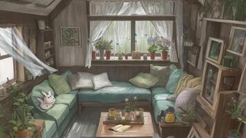 AI generated The interior of a cozy decorated small cottage in the woods with windows where we can see the rain video