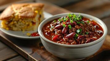 ai generado un cuenco de picante chile con un lado de pan de maíz foto