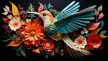 AI generated Realistic paper cut hummingbird near forest flowers, vibrant colors photo