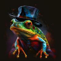 AI generated Frog in a fashionable hat, oil paint splash portrait, vibrant on black photo