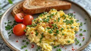 AI generated A plate of fluffy scrambled eggs with chives and a side of toast photo