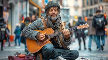 AI generated Street musician playing guitar with an open case for tips in a bustling city square photo