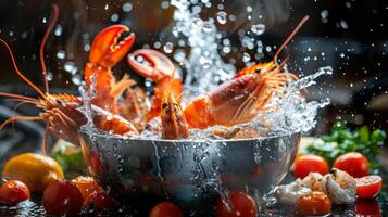 ai generado un formación de Fresco Mariscos salpicaduras dentro un maceta de hirviendo agua foto