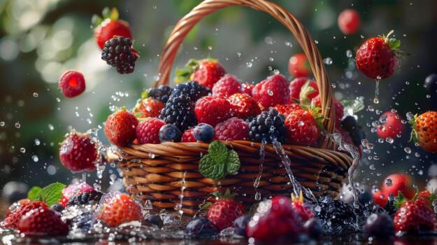 AI generated A basket of fresh berries being spilled, with fruits scattering around photo