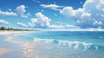 ai generado claro mar olas suavemente lapeado en un playa, debajo un brillante cielo foto